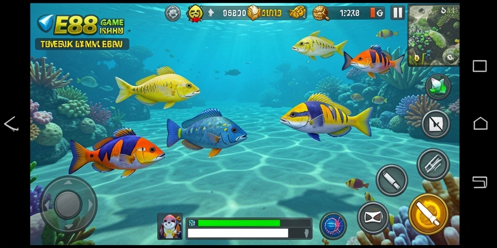 Screenshot E88 menampilkan aksi menangkap ikan yang seru di bawah laut.